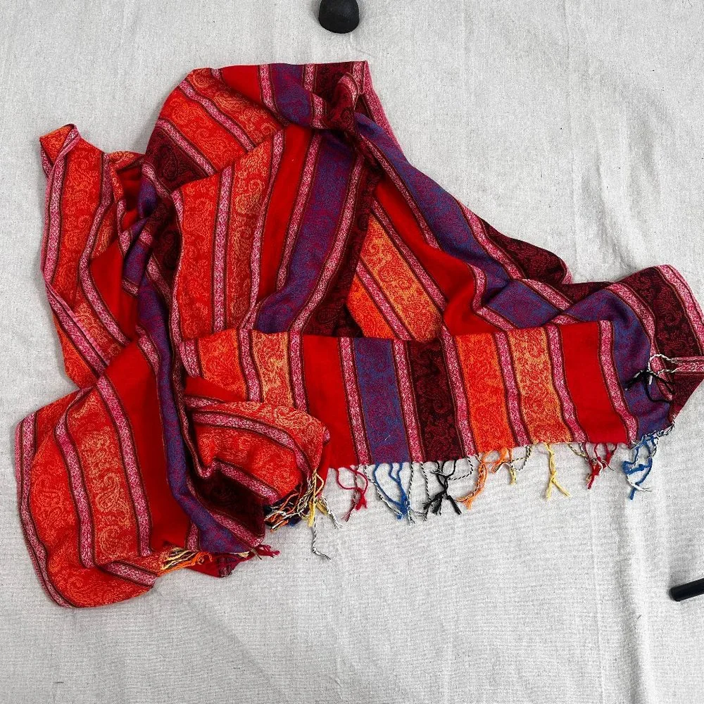 Pashmina Stripe Oversized Blanket Scarf fringe edges Silk Blend - Picture 4 of 9